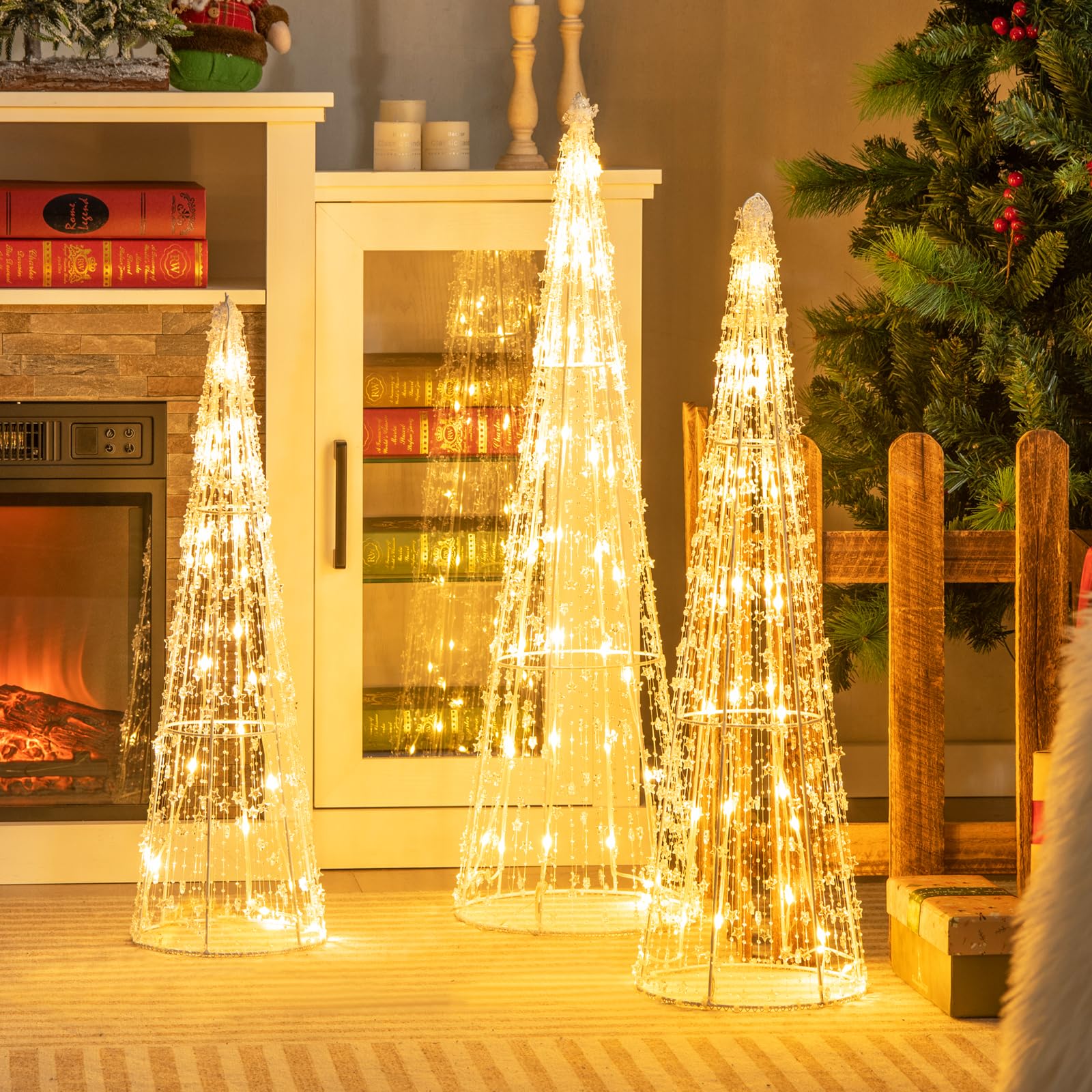 Tangkula Lot de 3 Sapins de Noël Coniques Lumineux, Décoration de Noël en Forme de Cône